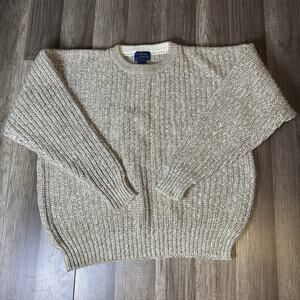 Cambridge Classics Sweater Mens L Beige Chunky Knit Cotton Crewneck Y2K Fisherma